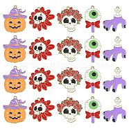 30Pcs 5 Styles Halloween Theme Alloy Enamel Pendants, Light Gold, Mixed Shapes, Mixed Color, 28~33x16~30x1.5mm, Hole: 1.8mm, 6pcs/style(ENAM-CJ0005-10)