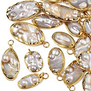 Natural White Shell Pendants, with Light Gold Plated Brass Edge, Oval, Seashell Color, 22~41x13~22.5x4~9mm, Jump Ring: 6x0.5mm, Inner Diameter: 5mm(SHEL-S278-076)