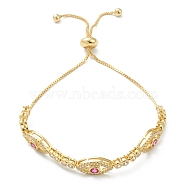 Horse Eye Cubic Zirconia Slider Bracelet, Real 18K Gold Plated Brass Adjustable Bracelet for Women, Deep Pink, Inner Diameter: 1-1/8~2 7/8 inch(3~7.3cm)(BJEW-SZ0002-08C)