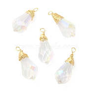 Rack Plating Brass with Glass Pendant, Cadmium Free & Lead Free, Long-Lasting Plated, Faceted Teardrop Charms, Clear, 27~28x10.5~11mm, Hole: 2.5~3mm(KK-C023-01B)