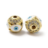 Brass Micro Pave Cubic Zirconia Beads, Round with Enamel Evil Eye, Real 18K Gold Plated, White, 10x9.5mm, Hole: 1.6mm(KK-E068-VB153-4)