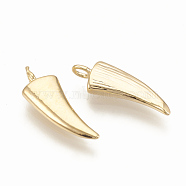 Brass Charms, Horn, Nickel Free, Real 18K Gold Plated, 15x5x2mm, Hole: 1mm(KK-T020-113G)