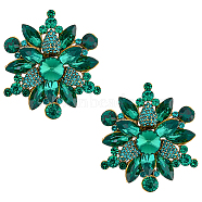 2Pcs Rhinestone Flower Brooch Pin, Antique Golden Alloy Badge for Backpack Clothes, Emerald, 53.5x47.5x10mm(JEWB-HY0001-10A)