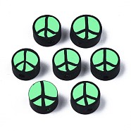 Handmade Polymer Clay Beads, Flat Round with Peace Sign, Spring Green, 9~10x4.5mm, Hole: 1.6mm(CLAY-N007-006-05)