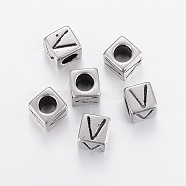 304 Stainless Steel Large Hole Letter European Beads, Cube with Letter.V, Antique Silver, 8x8x8mm, Hole: 5mm(STAS-H428-01AS-V)