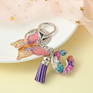 Resin Letter & Acrylic Butterfly Charms Keychain, Tassel Pendant Keychain with Alloy Keychain Clasp, Letter C, 9cm(KEYC-YW00001-03)