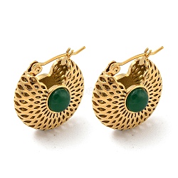 Hollow Flat Round 304 Stainless Steel Hoop Earrings, with Natural Green Aventurine, Golden, 19.5x12.5mm(EJEW-B039-03G)