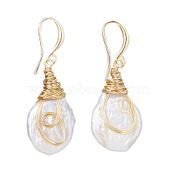 1 Pair Nuggest Natural Pearl Dangle Earrings, Brass Wire Wrap Earrings for Women, Real 14K Gold Plated, 42.5~43x15.5~16mm(EJEW-FI0001-89)