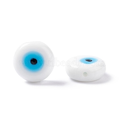 Handmade Evil Eye Lampwork Beads, Half Drilled, Flat Round, White, 12~12.5x5mm, Hole: 1.2mm(LAMP-F025-02A)