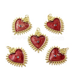 Rack Plating Brass  Enamel Pendants, Cadmium Free & Lead Free & Nickle Free, with Jump Ring, Real 18K Gold Plated, Heart with Eye, Red, 30x25x3.5mm, Jump Ring: 5x0.6mm, Inner Diameter: 3.5mm(KK-M230-27G)