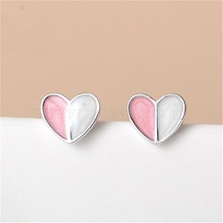 Heart Enamel Stud Earrings for Girl Women, Brass Earrings, Pink, Platinum(EJEW-BB46109-A)