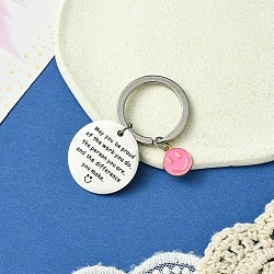 201 Stainless Steel & Alloy Enamel Keychain, with Alloy Rings, Flat Round, Golden & Stainless Steel Color, 5.5cm, pendant: 15~30mm(KEYC-YW00104-13)