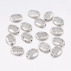 Tibetan Silver Alloy Beads, Oval with Leaf, Antique Silver, Lead Free and Cadmium Free and Nickel Free, 14x10x3mm, Hole: 1.5mm(X-LFH10181Y-NF)