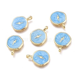 Brass Enamel Pendant, Flat Round with Lightning Pattern, Golden, Sky Blue, 18.5x14x2mm, Hole: 3.5x2mm(X-KK-K248-03G)