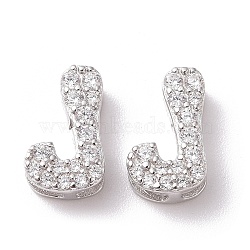 925 Sterling Silver Micro Pave Cubic Zirconia Beads, Real Platinum Plated, Letter J, 9x5.5x3.5mm, Hole: 2.5x1.5mm(STER-Z005-15P-J)