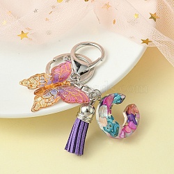 Resin Letter & Acrylic Butterfly Charms Keychain, Tassel Pendant Keychain with Alloy Keychain Clasp, Letter C, 9cm(KEYC-YW00001-03)