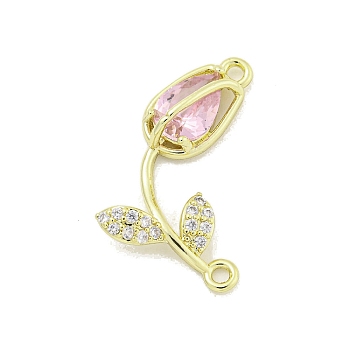 Rack Plating Brass Micro Pave Clear Cubic Zirconia Flower Connertor Charms, Rose Glass Links, Real 18K Gold Plated, Cadmium Free & Lead Free, Long-Lasting Plated, Pearl Pink, 26x14x4.5mm, Hole: 1.5mm