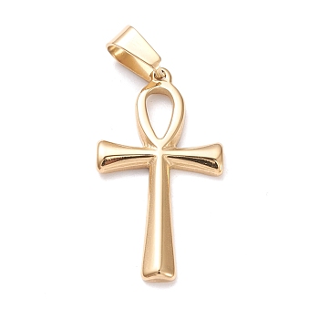 Ion Plating(IP) 304 Stainless Steel Pendants, Laser Cut, Ankh Cross, Golden, 30x16x2mm, Hole: 4x7mm