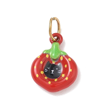 304 Stainless Steel Enamel Pendants, Strawberry Black Cat Charms, with Jump Ring, Golden, 16x12x3mm, Hole: 4.5mm