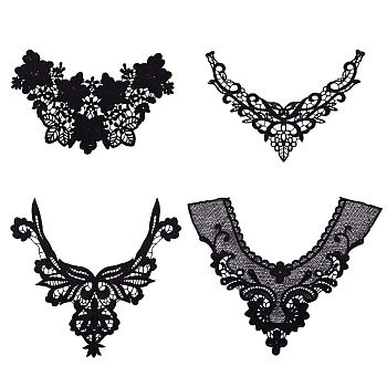 4Pcs 4 Styles Polyester Computerized Embroidery Collar, Detachable Lace Neckline Trim, Garment Accessories, Black, 163~355x240~322x1.3~1.6mm, 1pc/style 