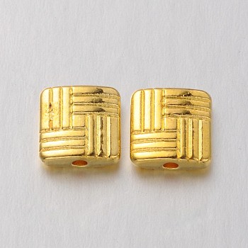 Tibetan Style Alloy Square Carved Stripes Beads, Cadmium Free & Nickel Free & Lead Free, Golden, 8x8x3mm, Hole: 1mm, about 1170pcs/1000g