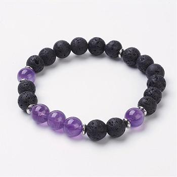 Natural Amethyst Stretch Bracelets, with Brass Bead Spacers, Round, 2 inch(52mm)