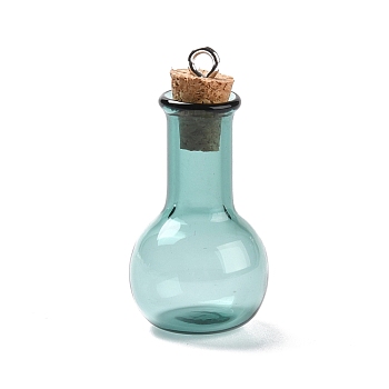 Glass Pendants, with Wood Bottle Stopper and Platinum Alloy Loops, Bulb Shaped, Dark Cyan, 34x18mm, Hole: 2mm