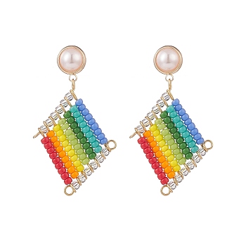 Japanese Seed Braided Rhombus Dangle Stud Earrings with Plastic Pearl Beaded, Golden Brass Drop Earrings for Women, Colorful, 45mm, Pin: 0.6mm
