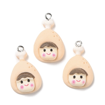 Opaque Resin Pendants, with Platinum Tone Iron Loops, Imitation Food, Drumstick with Smilling Face, Bisque, 26.5x16.5x7mm, Hole: 2mm