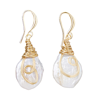 1 Pair Nuggest Natural Pearl Dangle Earrings, Brass Wire Wrap Earrings for Women, Real 14K Gold Plated, 42.5~43x15.5~16mm