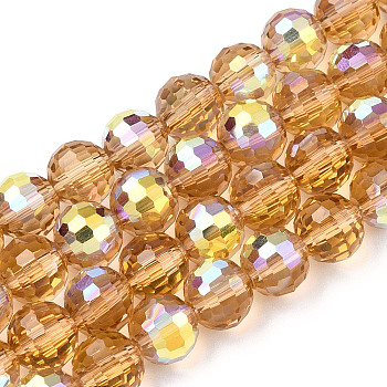 Transparent Electroplate Glass Beads Strands, Faceted, Half AB Color Plated, Round, Goldenrod, 8x7~7.5mm, Hole: 1.0mm, about 70~71 pcs/strand, 20.20~21.85 inch(51.3~55.5cm)
