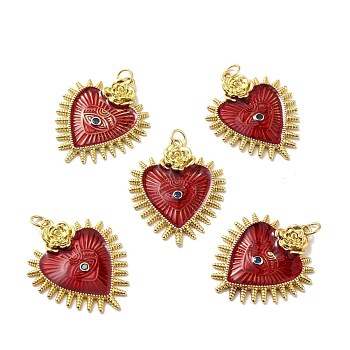 Rack Plating Brass  Enamel Pendants, Cadmium Free & Lead Free & Nickle Free, with Jump Ring, Real 18K Gold Plated, Heart with Eye, Red, 30x25x3.5mm, Jump Ring: 5x0.6mm, Inner Diameter: 3.5mm