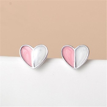 Heart Enamel Stud Earrings for Girl Women, Brass Earrings, Pink, Platinum