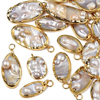 Natural White Shell Pendants, with Light Gold Plated Brass Edge, Oval, Seashell Color, 22~41x13~22.5x4~9mm, Jump Ring: 6x0.5mm, Inner Diameter: 5mm