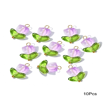 Handmade Lampwork Pendants, with Brass Loops, Flower, Orchid, 20mm, Hole: 2mm