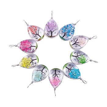 10Pcs 10 Colors Transparent Glass Pendants, with Dride Flower inside and Zinc Alloy Finding, Teardrop, Mixed Color, 35.5x18x9mm, Hole: 3.5x4.5mm, 1pc/color