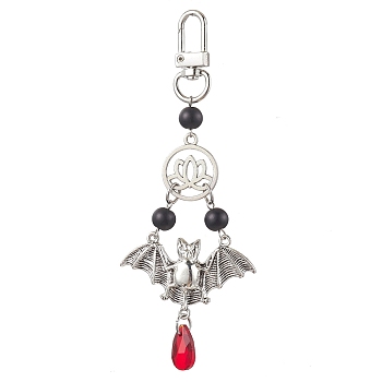 Halloween Alloy Bat & Lotus Pendant Decorations, Glass Teadrop & Swivel Clasps Charm for Bag Ornaments, Antique Silver, 125x47.5mm