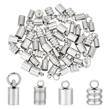 60Pcs 4 Style 201 & 304 Stainless Steel Cord Ends, Column, Stainless Steel Color, 9~10x4~6mm, Hole: 2~3.2mm, Inner Diameter: 3.2~5mm, 15Pcs/style