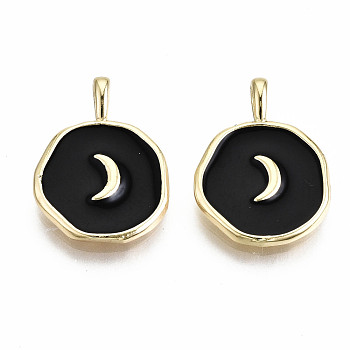 Brass Enamel Pendants, Real 18K Gold Plated, Nickel Free, Flat Round with Moon, Black, 17.5x13x3mm, Hole: 3x2mm