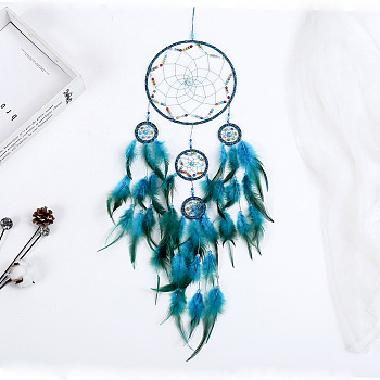 Silk Thread Woven Net/Web with Feather Pendant Decoration, with Iron Ring & Beads, Flat Round, Marine Blue, 85~90x20cm