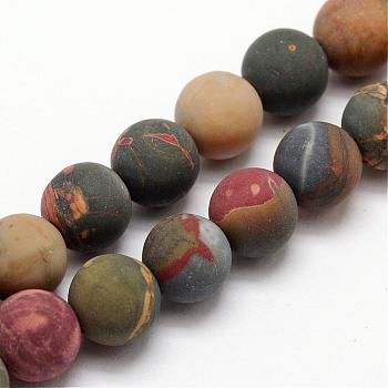 Natural Polychrome Jasper/Picasso Stone/Picasso Jasper Frosted Bead Strands, Round, 10mm, Hole: 1mm, about 19pcs/strand, 7.7 inch