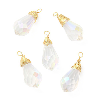Rack Plating Brass with Glass Pendant, Cadmium Free & Lead Free, Long-Lasting Plated, Faceted Teardrop Charms, Clear, 27~28x10.5~11mm, Hole: 2.5~3mm