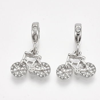 Alloy European Dangle Charms, with Rhinestone, Large Hole Pendants, Bicycle, Platinum, Crystal, 25mm, Hole: 4.5mm