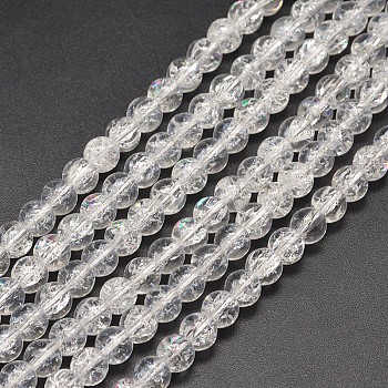 Electroplate Synthetic Crackle Quartz Bead Strands, Full Rainbow Plated, Round, Clear, 8mm, Hole: 1mm, about 50pcs/strand, 15.7 inch