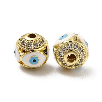Brass Micro Pave Cubic Zirconia Beads, Round with Enamel Evil Eye, Real 18K Gold Plated, White, 10x9.5mm, Hole: 1.6mm