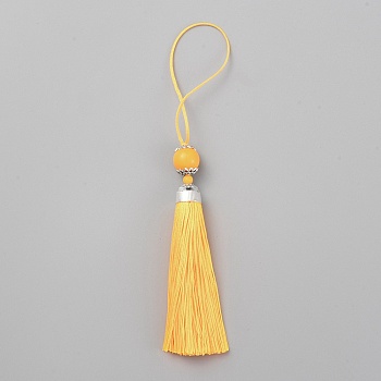 Polyester Tassel Big Pendants Decorations, with Acrylic Beaded and Platinum Alloy Findings, Yellow, 188mm