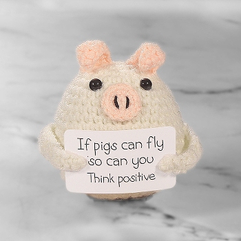 Cute Funny Positive Pig Doll, Wool Knitting Doll with Positive Card, for Home Office Desk Decoration Gift, Old Lace, 60x70mm