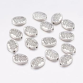 Tibetan Silver Alloy Beads, Oval with Leaf, Antique Silver, Lead Free and Cadmium Free and Nickel Free, 14x10x3mm, Hole: 1.5mm