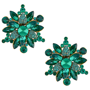 2Pcs Rhinestone Flower Brooch Pin, Antique Golden Alloy Badge for Backpack Clothes, Emerald, 53.5x47.5x10mm