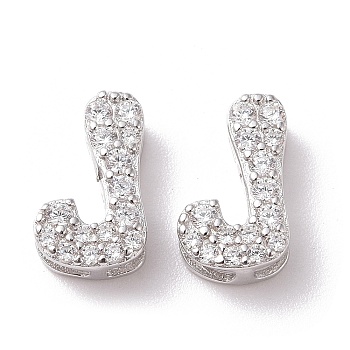 925 Sterling Silver Micro Pave Cubic Zirconia Beads, Real Platinum Plated, Letter J, 9x5.5x3.5mm, Hole: 2.5x1.5mm